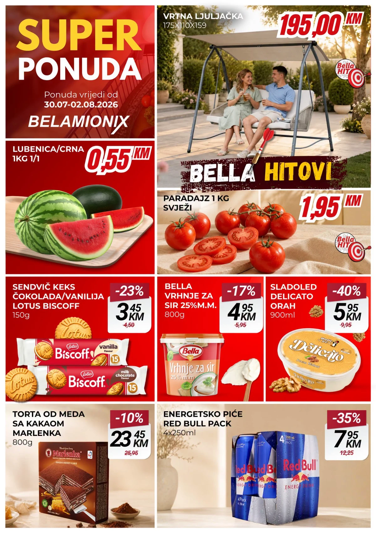 Belamionix SUPER ponuda do 02.08.2026. – Bella HIT cijene na vrtnu ljuljačku, lubenicu, paradajz, Lotus Biscoff, Delicato sladoled i Red Bull.