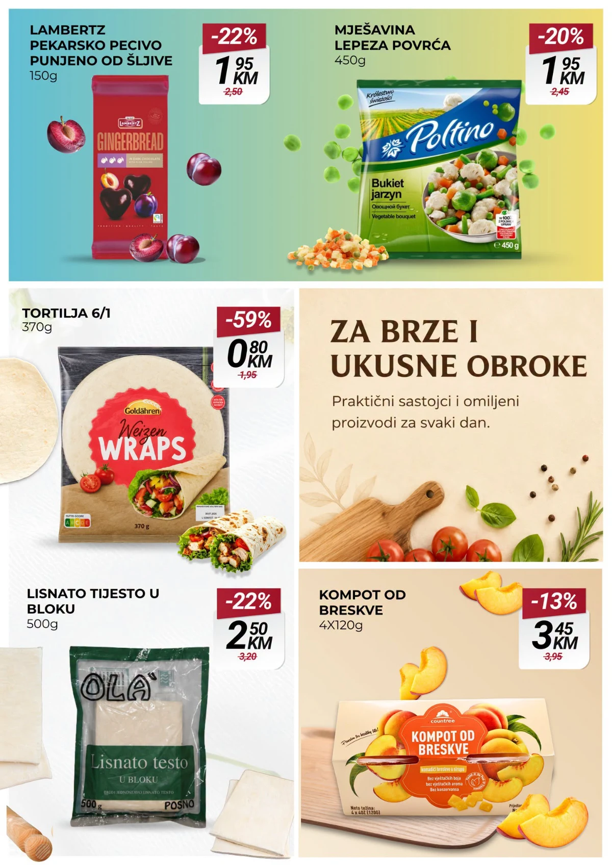 Belamionix SUPER ponuda strana 3 – tortilje, lisnato tijesto, kompot od breskve, smrznuto povrće i pekarski proizvodi.