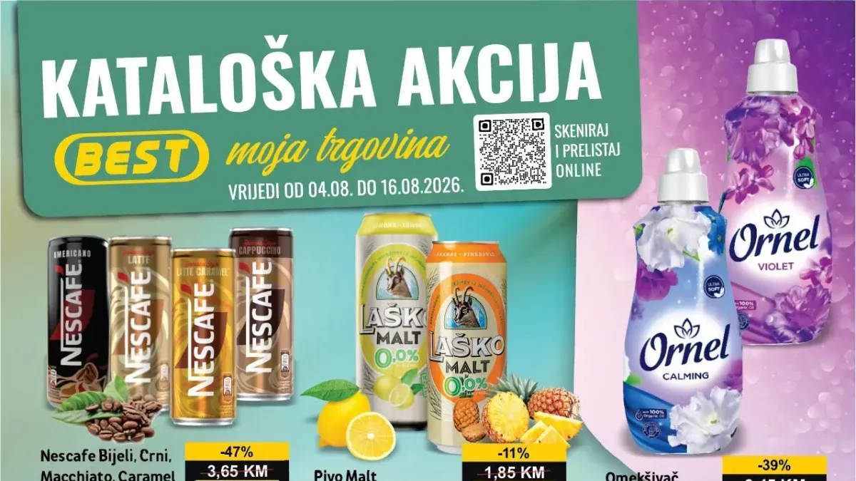 BEST katalog od 04.08. do 16.08.2026. donosi popuste do 47% na prehranu, kućnu hemiju, tehniku, pića, mliječne proizvode i proizvode za domaćinstvo.