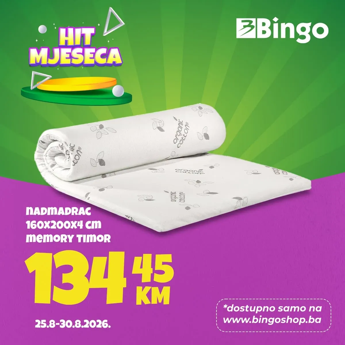 Bingo HIT mjeseca od 25. do 30.08.2026. – Memory Timor nadmadrac dimenzija 160 × 200 × 4 cm