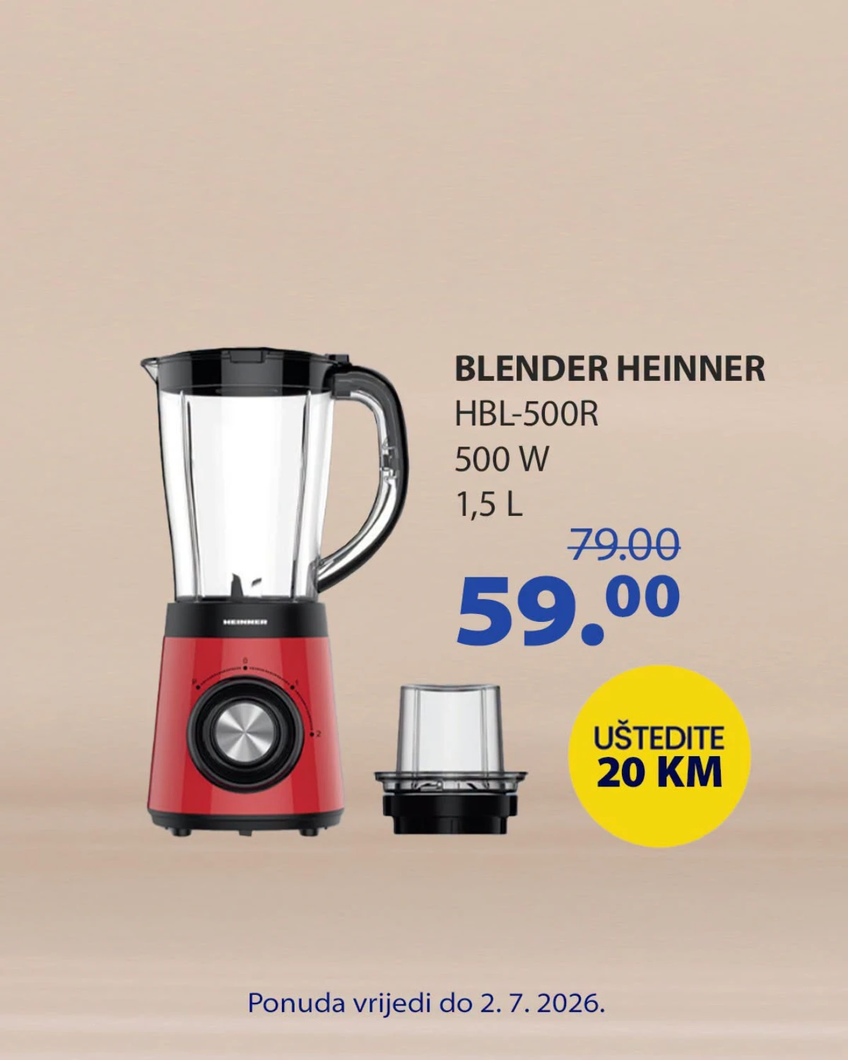FIS akcija – Heinner blender 500 W zapremine 1,5 L po cijeni od 59 KM
