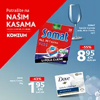 Konzum i Mercator akcija na kasama do 10.05.2026 Somat kapsule 8,95 KM Dove sapun 1,95 KM popusti do 55 posto