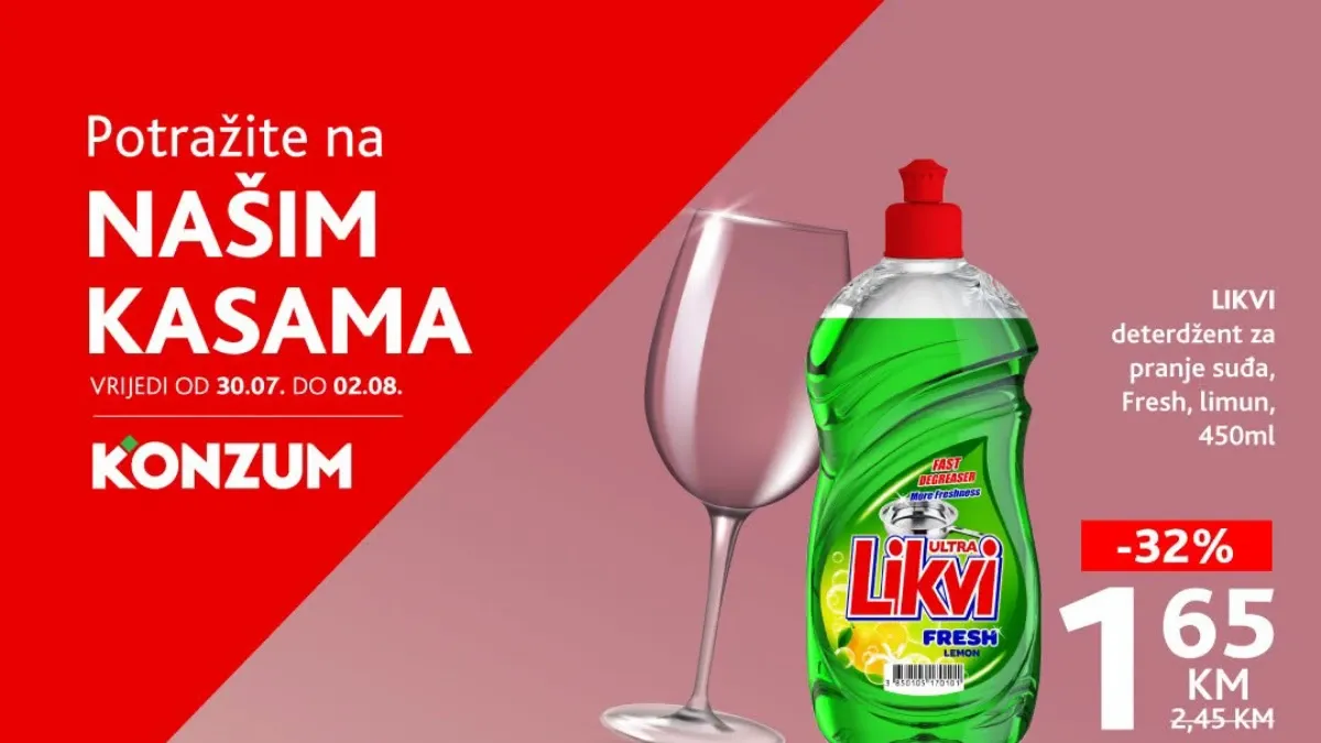 Konzum i Mercator akcija na kasama do 02.08.2026. – Likvi deterdžent 1,65 KM i Lacalut pasta sa poklon četkicom za zube 5,95 KM