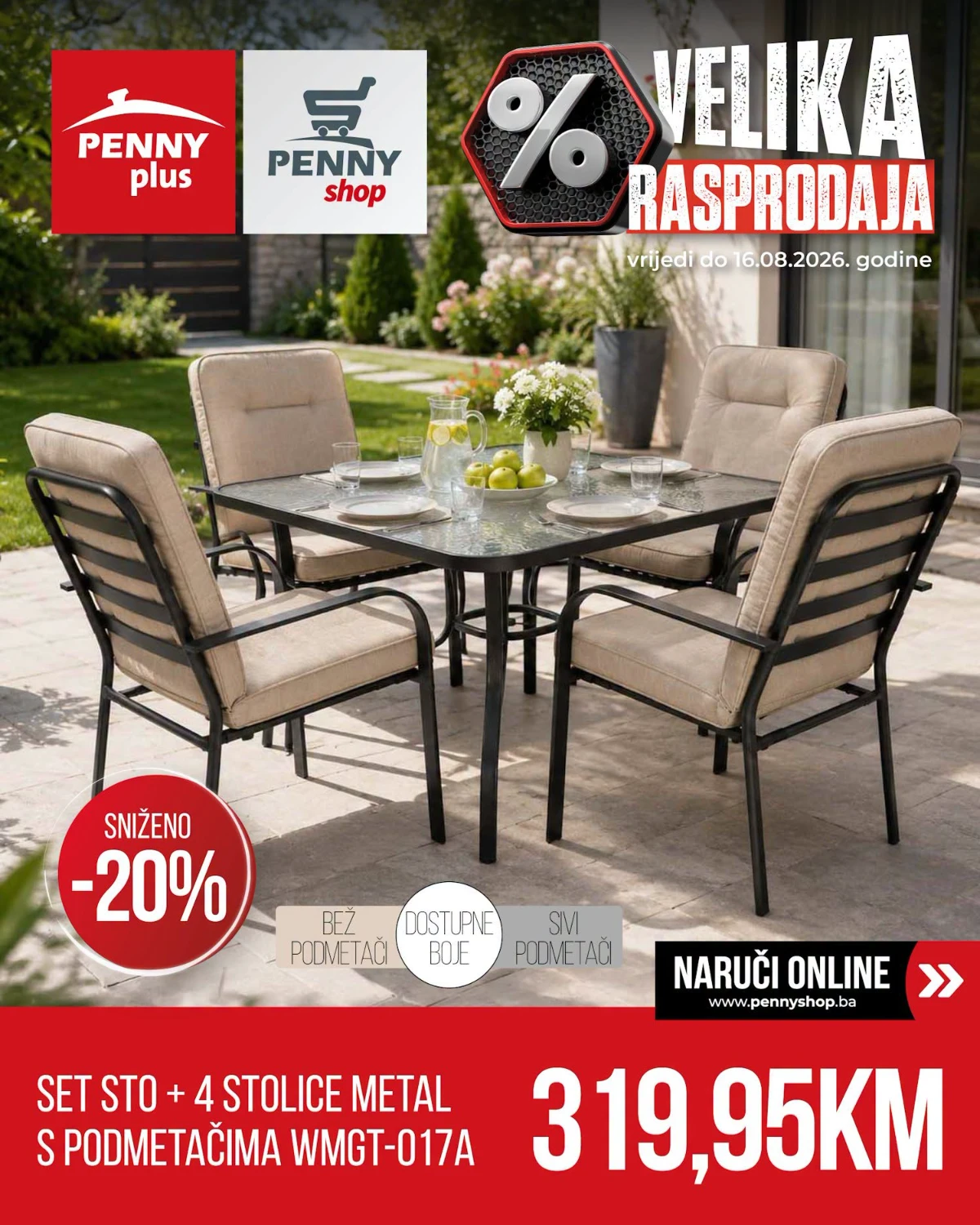 PENNY Plus velika rasprodaja do 16.08.2026. – vrtna garnitura sa stolom i četiri stolice snižena 20%.