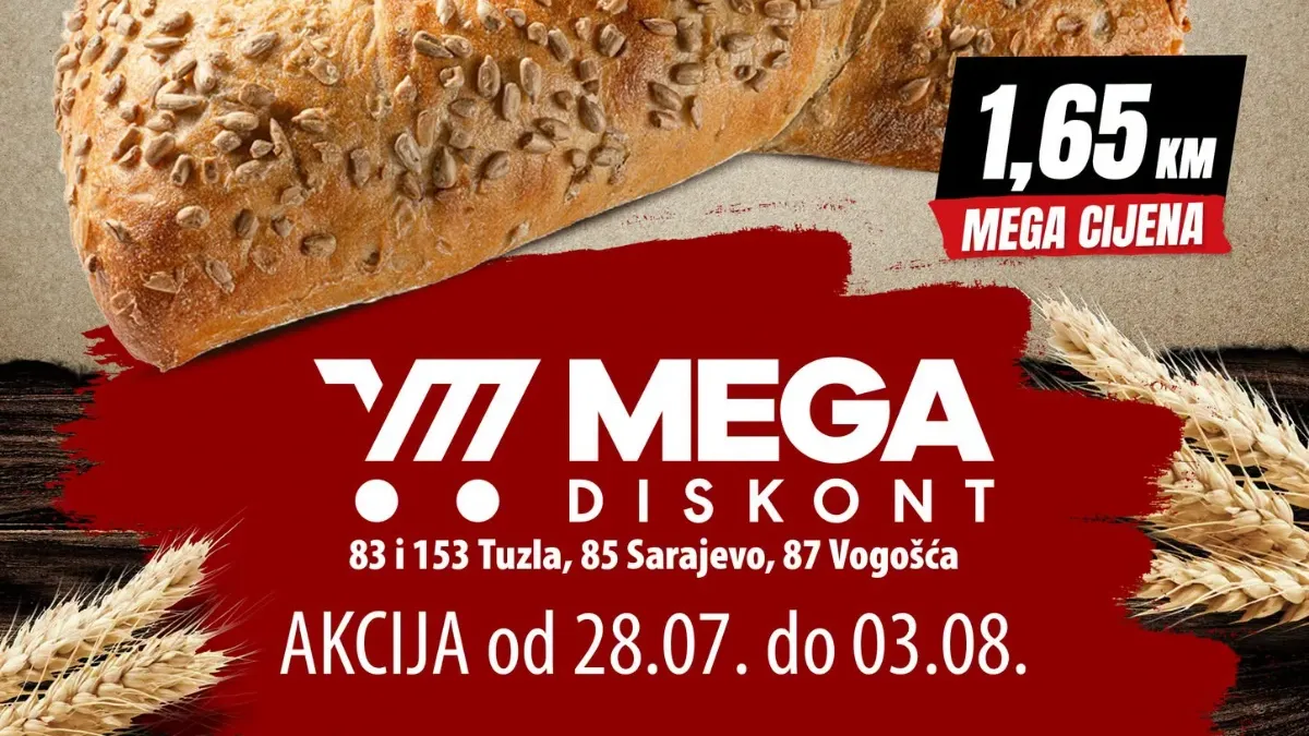 Mega Diskont pekara akcija do 03.08.2026. – peciva od 1 KM, čokoladno pecivo 1,15 KM i Ciabatta hljeb 1,65 KM.